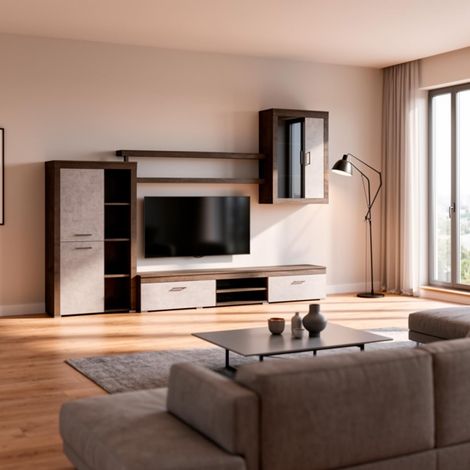 Parete Attrezzata Da Soggiorno Salotto Moderna Con Ante Mensole Vani A Giorno Vetrinetta Mobile TV Design Moderno Moduli Sospesi 293 x 193 x 50 Cm Bianco E Noce - Colore: Ossido e Grigio Cemento