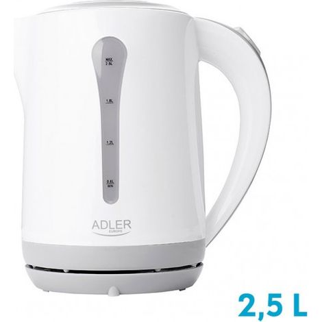 Adler AD1244 Hervidor Agua Eléctrico, 2,5 L, sin BPA, Resistencia Oculta, Inalámbrico, Apagado Automático 2000W Blanco