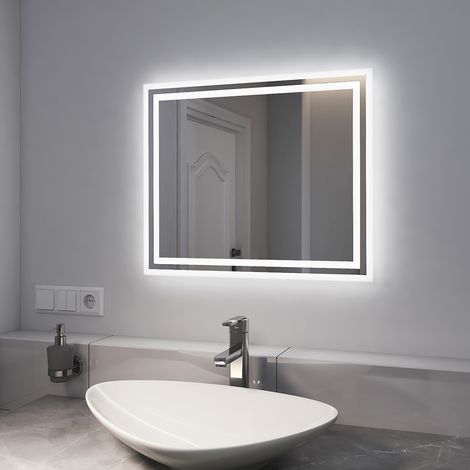 EMKE Miroir de salle de bain 60x50cm, Miroir LED avec Interrupteur à bouton, Anti-buée, Miroir avec éclairage lumière Blanche Froide/Chaude (1/5)