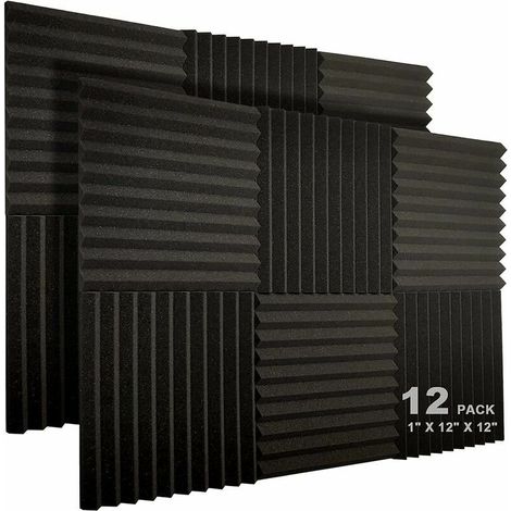 Lot de 12 Panneaux de Mousse Acoustique, 2,5 x 30,5 x 30,5 cm Studio Insonorisé en Forme de Coin Ignifuge Insonorisant Liner Mousse de Traitement Acoustique (Noir) (1/5)
