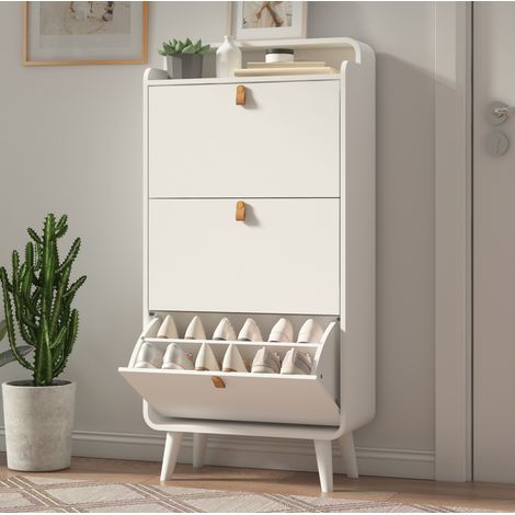 Scarpiera MDF bianca con 3 ante a ribalta, top superiore e piedi in legno massello (1/5)