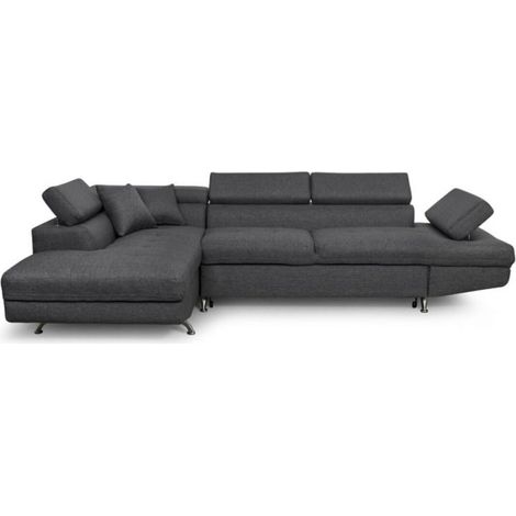 Loungitude – Canapé d'angle convertible 5 places avec coffre de rangement – Dimensions 271 x 192 cm – Tissu gris foncé – Accoudoirs réglables (1/5)