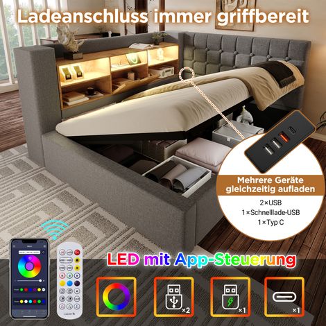 Lit rembourré 90x190 cm avec LED, coffre hydraulique, tête de lit en L avec rangement, montage bilatéral, sommier lattes, tissu lin gris, sans matelas (1/5)