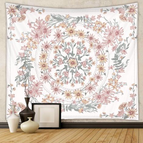 FENOPLASTICATapisserie murale médaillon floral mandala, croquis floral botanique bohème à suspendre pour chambre à coucher, salon, dortoir, décoration d'intérieur (130 x 150 cm) (marron rose) (1/5)
