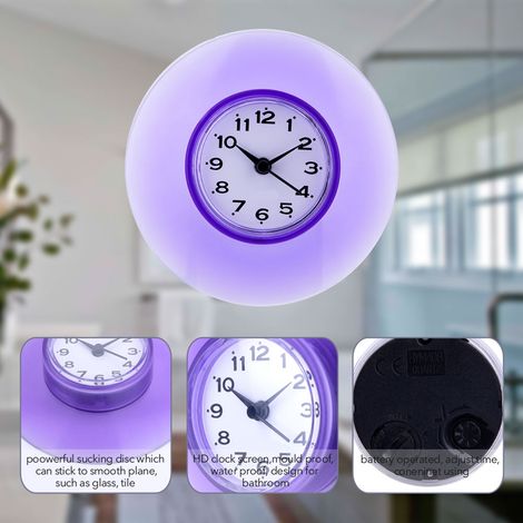 Horloge murale à ventouse pour miroir de salle de bain/cuisine, étanche, à quartz, violette, pour douche ou salle de bain. Décoration murale violette. (1/5)