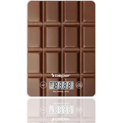 BEPER P102BIL002 Bilancia digitale, Piatto in vetro temperato, Bilancia da cucina con display LCD e tasti touch, Funzione tara, Portata massima 5kg, Spegnimento automatico, Fantasia Cioccolato
