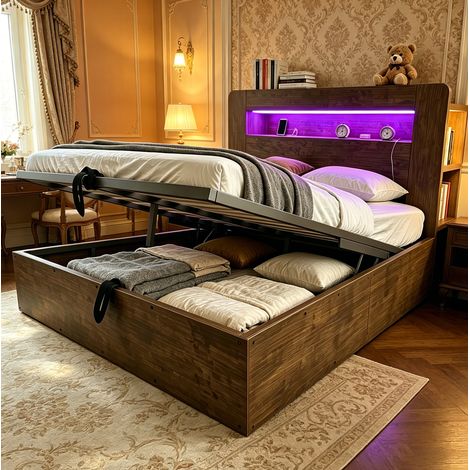 MEUBLIV Bettgestell 140x200 cm Holz – Stauraum, LED, Steckdosen, ohne Matratze (1/5)