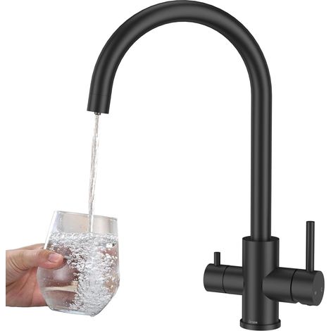 Robinet de Cuisine 3 Voies,  Mitigeur de Cuisine pour Systèmes à Osmose, Eau Potable 3 en 1 à Double Levier, Chaude et Froide, Mitigeur d'Évier Pivotant à 360°, Acier Inoxydable, Argent Brossé