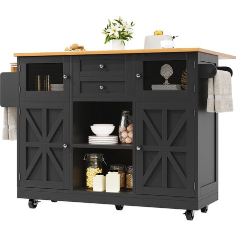 Îlot de cuisine,desserte avec plan de travail,buffet effet bois,porte-serviettes latéral,portes d’armoire en relief sur roulettes,cloisons réglables,noir