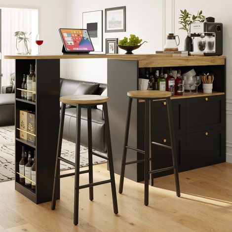 Bar-Set: Kücheninsel-Tisch mit Stauraum & 2 schwarzen Barhockern, Holzoptik, mit Seitengittern & Schubladen, belastbar bis 150kg pro Hocker (1/5)