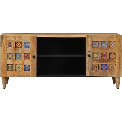 Meuble TV en Bois de Manguier Massif 105x33x46 cm, Console Basse Rangement Style Naturel pour Salon (1/5)