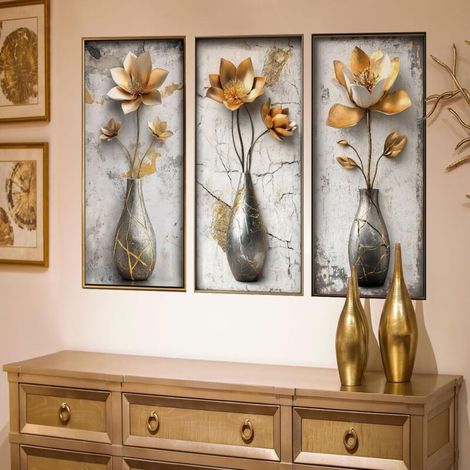 3D-Wandaufkleber in Form einer goldenen Blumenvase, zum Abziehen und Aufkleben, für das Wohnzimmer