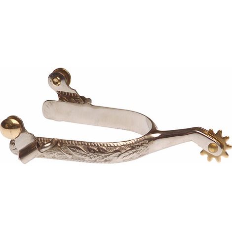 Speroni Western inox stretti per adulti con lavorazione flowers e rotella colore ottone