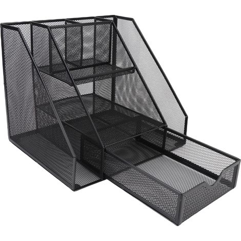 Organiseur de bureau en métal tressé, panier de rangement vertical en fer avec tiroir, boîte aux lettres et porte-stylos, fournitures de bureau noires (1/5)
