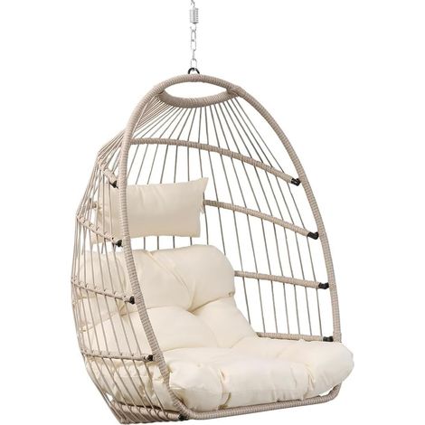 Chaise‑œuf Suspendue sans Support avec Coussin Protection solaire, Pliable, Charge max 204 kg pour Intérieur, Chambre, Extérieur, Gris Abricot (1/5)