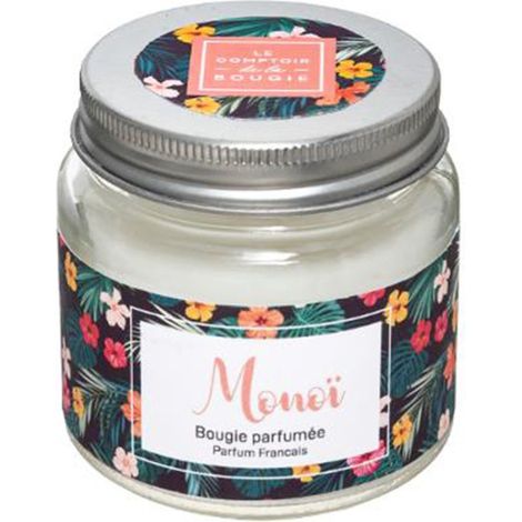 Bougie parfumée en verre 65g Monoï – Cire, zinc et verre – Parfum créé en France – Dimensions D. 6,3 x H. 6,5 cm – Comptoirdelabougie (1/2)