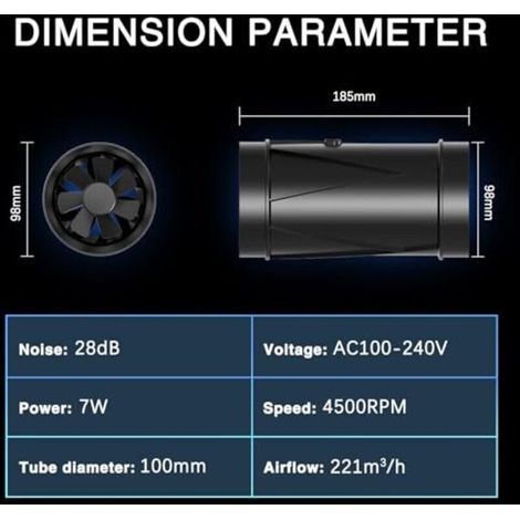 Extracteur d'air réglable de 100 mm avec moteur EC, 221 m³/h, pour vérandas, auvents, caves, garages et cuisines. (1/5)