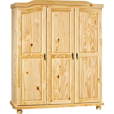 Altobuy – Armoire 3 portes penderie bois massif naturel 150 x 56 x H180 cm – Gonds métal – Système softclose intégré – Rangement optimisé (1/5)