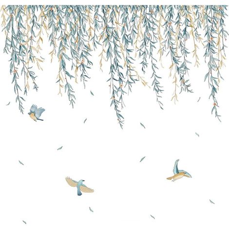 2 stickers muraux, feuilles de saule et oiseaux, PVC amovible, 30 x 90 cm, décoration murale salon chambre couloir (1/5)