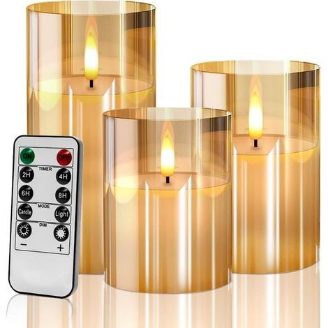 Bougies LED Sans Flamme, Flamme LED Clignotant Effets Réalistes Avec Télécommande Minuterie, Décoration Mariage,Fêtes,Intérieure Extérieure, (3PCS Bougies 4"/5"/6”) - Dorée [Classe énergétique A]