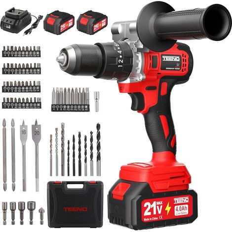 Teeno – Perceuse visseuse sans fil 21V avec 2 batteries 4.0Ah – Moteur Brushless 130Nm – 20+3 réglages de couple – Coffret avec 76 accessoires