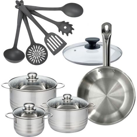 Lot Faitouts 16/20/24 cm et Poêle 28 cm avec couvercle en inox sans PFAS Fackelmann Etherna avec 5 ustensiles (1/5)