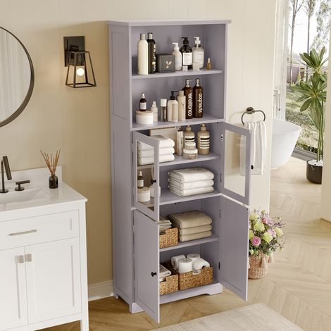 Badezimmerschrank mit 4 Türen, 2 Offenen Fächern und Verstellbaren Einlegeböden, aus MDF, 57.5 x 28.5 x 160 cm, Grau