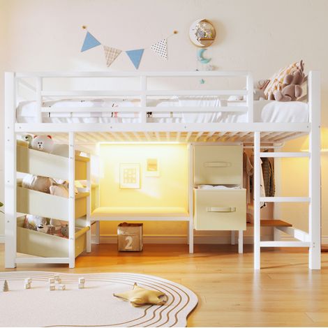 Cama 90x200 cm, con cojín de asiento, luces LED multicolor, zona para colgar ropa, metal blanco (1/5)