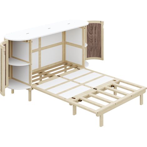 Lit armoire 140 x 200 cm, lit mural avec sommier à lattes, lit escamotable vertical, avec rangements, design rotin, lits en bois, lits ado, lits une place, couleur bois