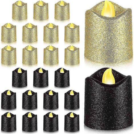 Lot de 24 bougies votives dorées sans flamme à paillettes noires - Bougies chauffe-plat LED pour une décoration intérieure et événementielle élégante (1/5)