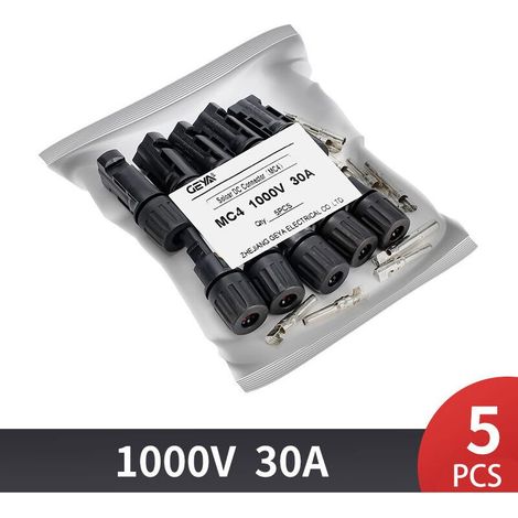 Confezione da 5 connettori fotovoltaici maschio MC4 – Tensione 1000V – Corrente 30A – Resistenza IP67 – Installazione semplice con pinza crimpatrice (1/2)