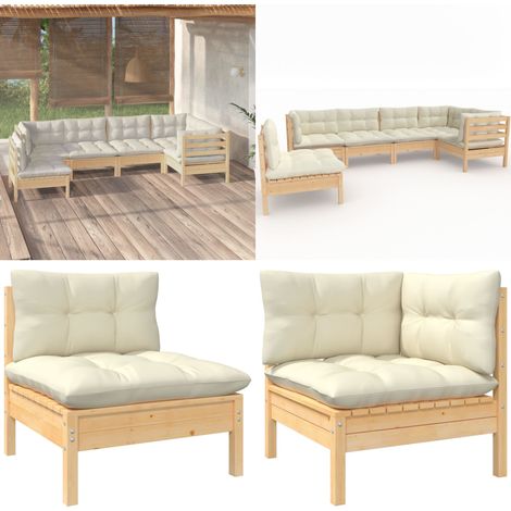 Salon de jardin 6 pcs avec coussins crème bois de pin - Ensemble Salon De Jardin - Salon De Jardin En Bois - Mobilier De Jardin - Meubles De Terrasse - Set Salon De Jardin - Home & Living (1/5)