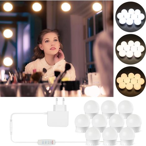 Luce per specchio, kit di luci LED dimmerabili con 10 lampadine Hollywood, lampada per specchio da bagno, 3 colori, 10 livelli di luminosità con adattatore (specchio non incluso) - (1/5)