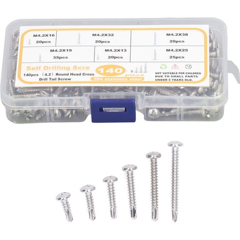Vis à bois autoforeuses 140 pièces, tête fraisée cruciforme M4.2, filetage profond, acier inoxydable 410, assortiment de vis à métaux (1/5)