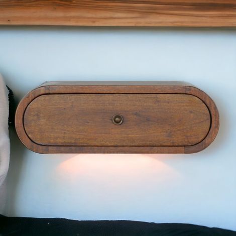 Wandmontierter runder Nachttisch braun aus massivem Mangoholz mit 1 Schublade (1/5)