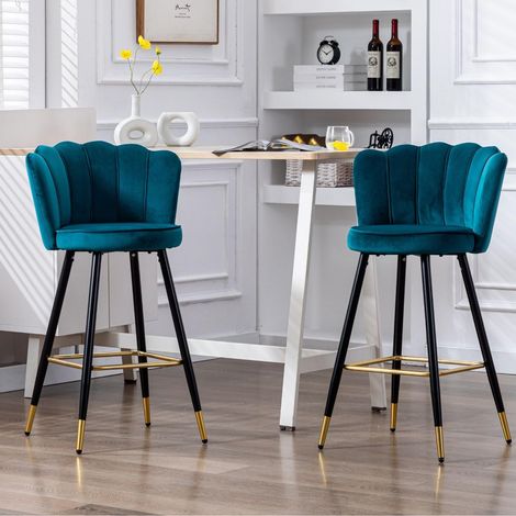 Bar Stools 2Pcs in Velvet Modern Breakfast Counter Chairs with Petal Backrest High Stools for Kitchen Home Bar Pub, Teal, Wahson (1/5)