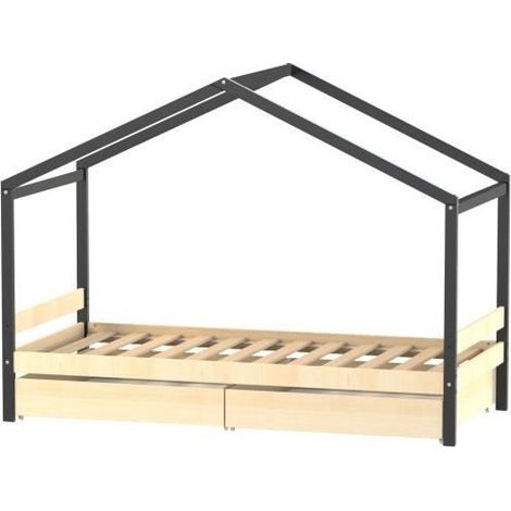 Les Tendances – Lit cabane 90x190 cm – 2 tiroirs de rangement – Structure en épicéa massif – Finition brut et noir – Dimensions 199x95x150 cm (1/4)