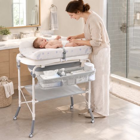 Table à Langer 2 en 1 Pliable avec Baignoire Bébé, Hauteur Réglable 4 Niveaux, 4 Roues 360° avec Freins, Thermomètre Intégré, Blanc (1/5)