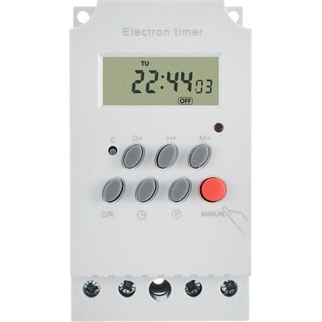 Timer digitale programmabile AC 220V 25A per montaggio su guida DIN, interruttore timer elettronico con display LCD e orologio - Bianco - Bianco (1/4)