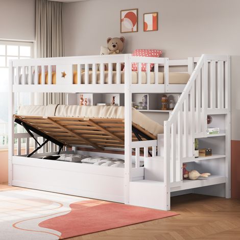Cama alta 253x95x151 cm con gran espacio de almacenaje, escalera de seguridad, madera blanco (1/5)