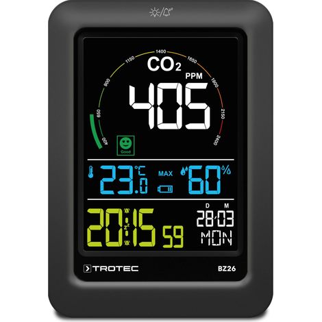 TROTEC CO2 Messgerät BZ26 – Luftqualitätsmonitor – Messbereich 400 bis 5000 PPM, Lufttemperatur, relative Luftfeuchte, Wohlfühlindikator-Anzeige