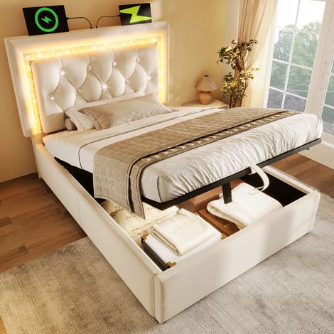 OKWISH Lit simple 209x101x104 cm, LED intégrée, USB et Type C, coffre hydraulique, velours beige (1/5)