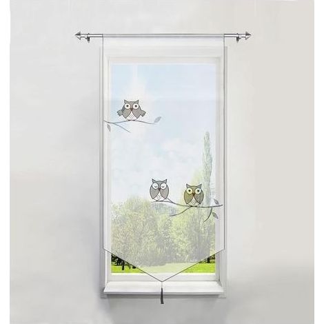 1Pièce Rideau Brise-bise LxH/60x120CM en Polyester Transparent Broderie Hibou Gris avec Pompon Rideaux Courts Décoration de Fenêtre (1/5)