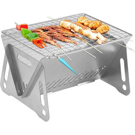 Grille de Barbecue Pliable Foyer de Feu de Camp Portable Barbecue au Charbon de Bois Relevable, Foyer Acier Inoxydable pour Camping Pique-Nique Jardin avec Sac, Grille d'extérieur Pliante (1/5)