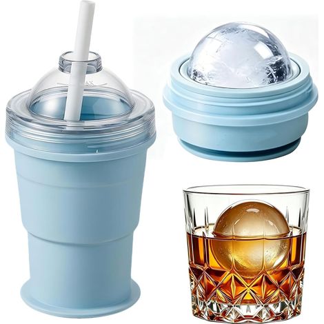 Ortviai Gobelet à Glaçons 2-en-1 Pliable - Moule à Boule de Glace (6cm) et Verre à Boire de Voyage avec Paille - Silicone de Qualité Alimentaire - Ultra Léger 150g - Bleu Sel de Mer