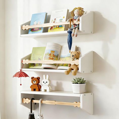 Étagères Murale Enfant Lot de 3, Etagere Flottantes de Pépinière Pour Stockage Livres, Étagères Murales en Bois pour Décoration La Cuisine, Salon, Salle de Bain, Chambre, Blanc Naturel (1/5)