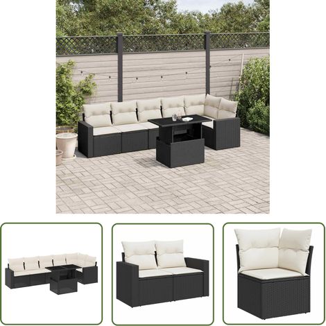 The Living Store 7-tlg. Garten-Sofagarnitur mit Kissen Schwarz Poly Rattan - Gartenmöbel Set - PE-Rattan Möbel - Outdoor Lounge - Gartenlounge - Terrassenmöbel (1/5)