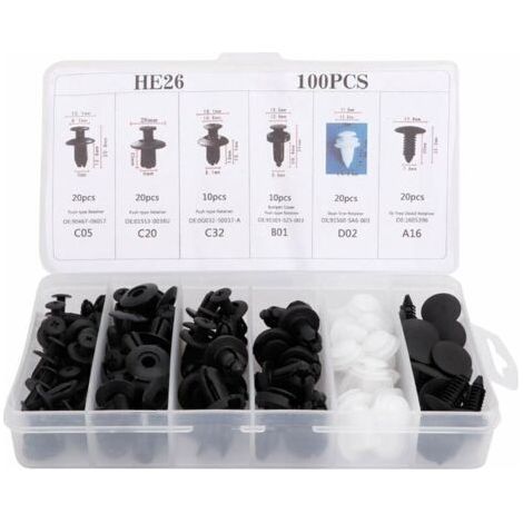 100 pièces Clip universel de garniture de porte, Kit de rivets poussoirs de voiture en plastique Clips de garniture de panneau de carte de porte Attache de fixation de pare-chocs (1/5)