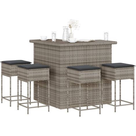 5-tlg. Gartenbar-Set mit Kissen Grau Poly Rattan