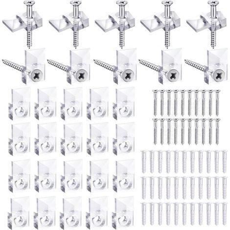Set mit 30 Wandspiegelhalterungen, Spiegelhaken, Glasbefestigungsset, Kunststoff-Spiegelstütze und 4-mm-Rahmenlos-Befestigungsclips für Badezimmer, Umkleidekabine und Büro (1/5)